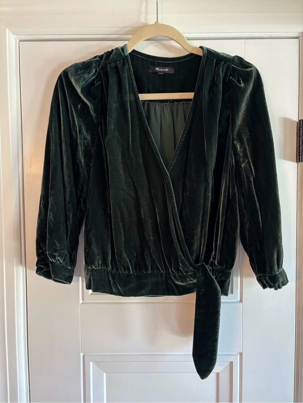 Madewell Deep Green Velvet Wrap Blouse